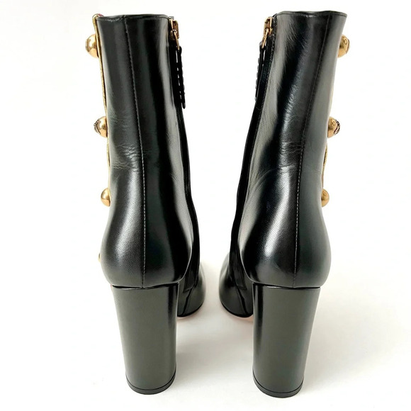 GUCCI | Web Stripe Carly Black Leather Studded Ankle Boots Block Heel US 6.5 - Picture 10 of 16